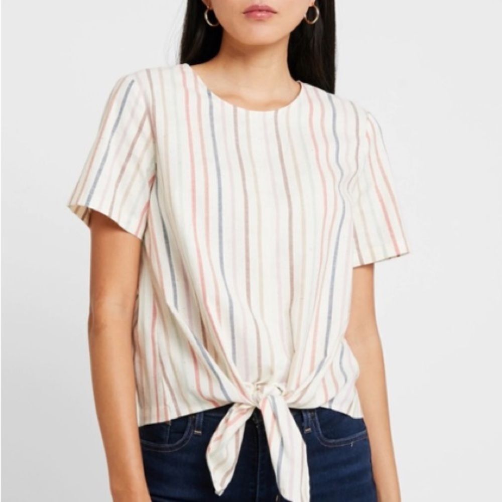 Madewell Women's Rainbow Stripe Short Sleeve Button-Back Tie Tee Top xs